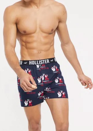 Синие тканые боксеры с праздничным принтом и поясом с логотипом Hollister-Красный