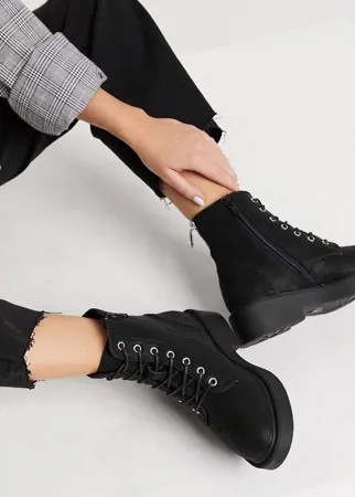 Черные мотоботинки на шнуровке и на плоской подошве New Look-Черный цвет