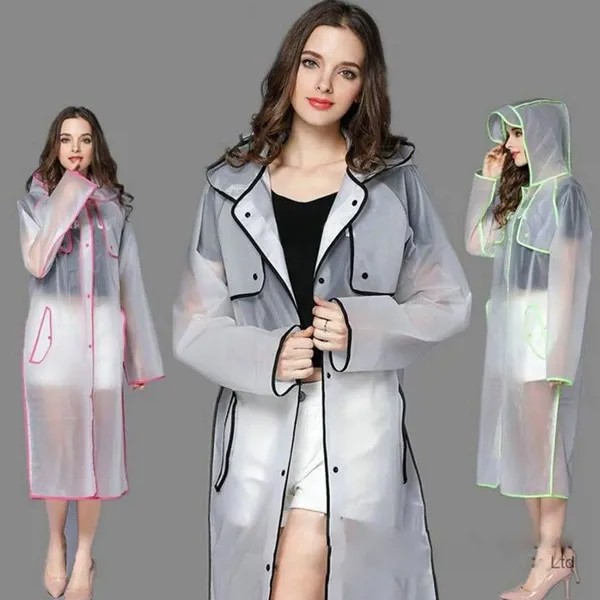 MakeWishes Прозрачные женщины с капюшоном Дождевик Длинное пальто Водонепроницаемый дождь Открытый дождевая одежда