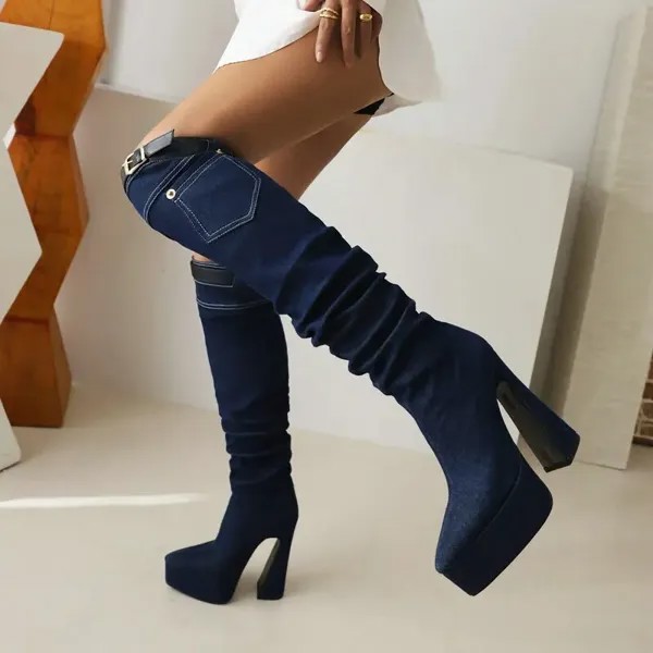 Женские модные сапоги до колена с ремешком и пряжкой, Осенние Зимние плиссированные высокие сапоги на платформе, женская джинсовая обувь на очень высоком каблуке