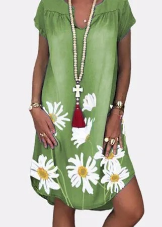 Цветочный принт с коротким рукавом с v-образным вырезом Denim Casual Платье For Женское