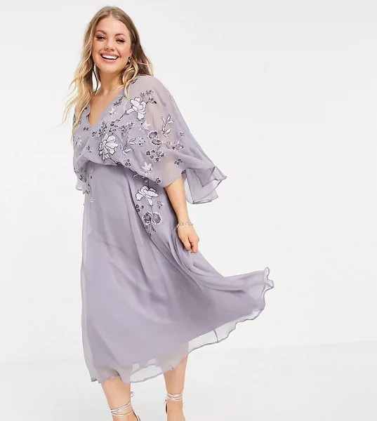 Платье миди с кейпом, вышивкой и пышными рукавами ASOS DESIGN Curve-Фиолетовый цвет