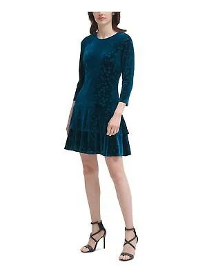 Женское короткое вечернее платье с круглым вырезом и рукавами 3/4, темно-бирюзовый низ DKNY + расклешенное платье 16