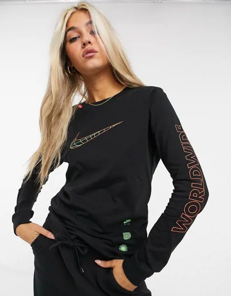 Черный лонгслив с надписью Nike-Черный цвет