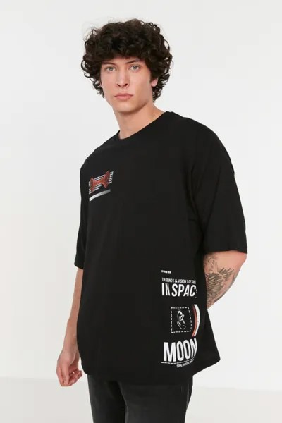 Черная мужская футболка большого размера/широкого кроя из 100% хлопка с космическим принтом TMNSS21TS1552 Trendyol, черный