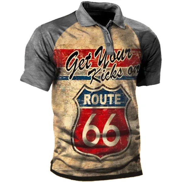 Retro Route 66 Мужская футболка с короткими рукавами и воротником-поло на открытом воздухе