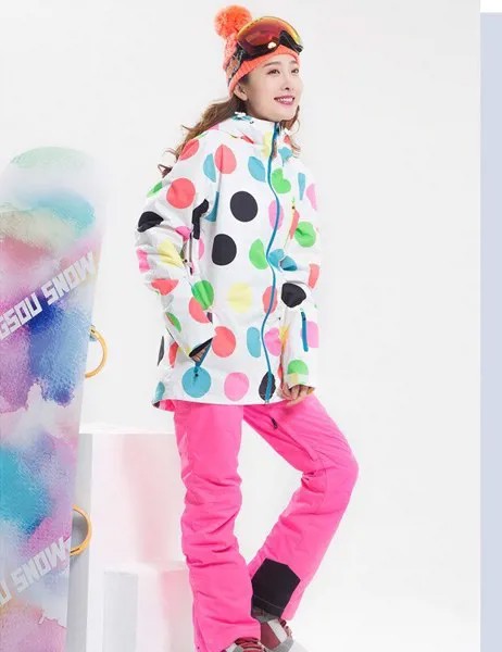 Женский водонепроницаемый лыжный костюм 10K, зимняя одежда, женская зимняя спортивная одежда, лыжная одежда, белая куртка и розовые штаны на ...
