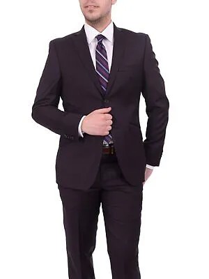 Идеальный приталенный однотонный шерстяной костюм сливово-фиолетового цвета с двумя пуговицами