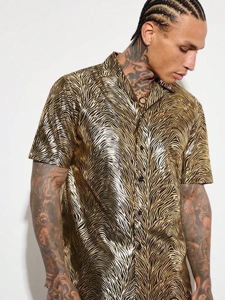 Manfinity AFTRDRK Мужская Повседневная рубашка из металлизированной ткани с коротким рукавом и однобортной застежкой, черный и золотой