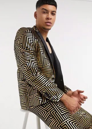 Пиджак из черного бархата с атласными лацканами и блестящим геометрическим узором золотистого цвета Twisted Tailor-Золотой