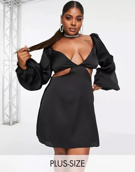 Черное атласное плиссированное платье с объемными рукавами In The Style x Yasmin Chanel