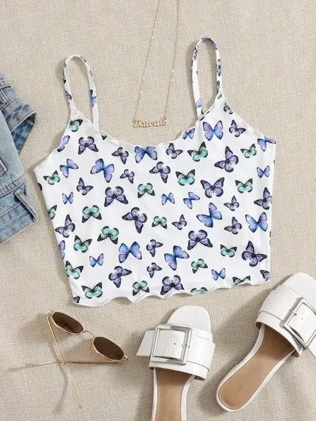 Укороченный топ SHEIN EZwear, одинарный ремешок, зубчатый край, узор бабочки, многоцветный