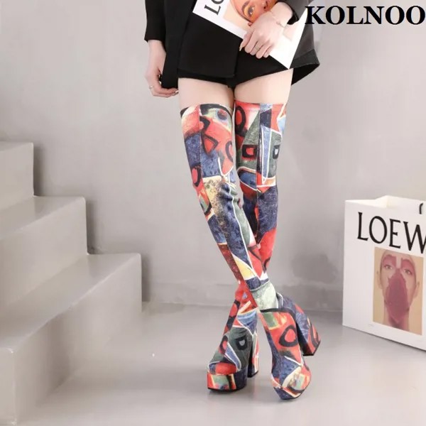 Kolnoo ручной работы Новинка 2022 Европейский стиль Женские Сапоги выше колена на массивном каблуке Элегантные разноцветные Сексуальные вечерние Клубные Модные Туфли