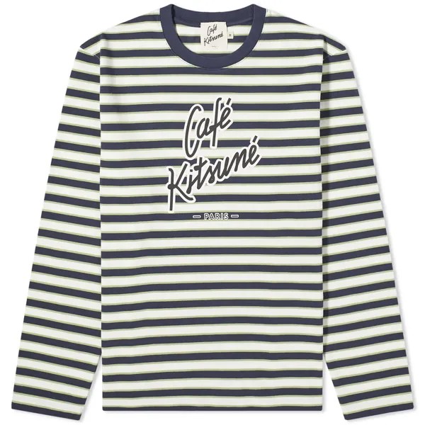 Футболка Cafe Kitsune Long Sleeve Striped Regular, цвет Navy, White & Matcha Stripes