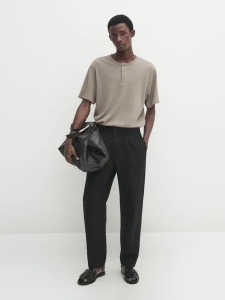 Футболка с воротником на пуговицах из смесового льна Massimo Dutti, коричневый