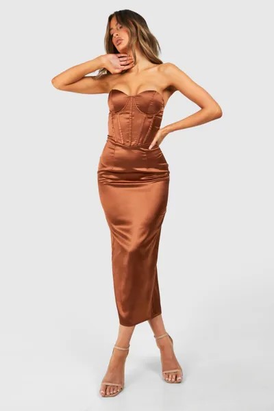 Атласное корсетное платье-бандо мидакси boohoo, коричневый