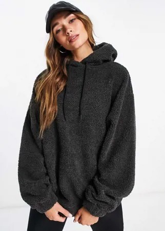 Угольный флисовый oversized-худи из искусственного меха ASOS DESIGN-Серый