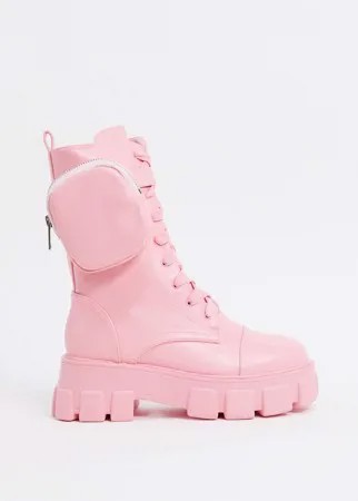 Пастельно-розовые ботинки до икр на массивной подошве с кошельками Public Desire Intention-Розовый цвет