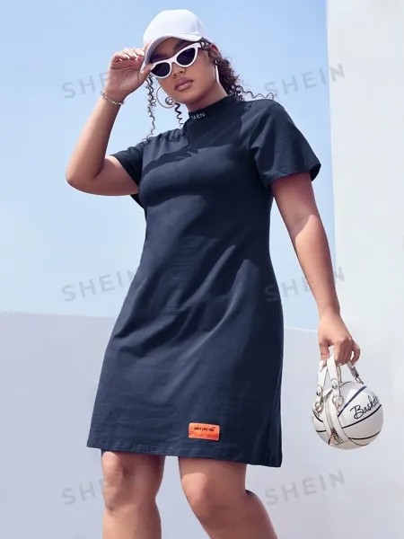 EZwear Комплект с юбкой-футболкой большого размера, глубоким вырезом и нашивкой с надписью Shein, темно-синий