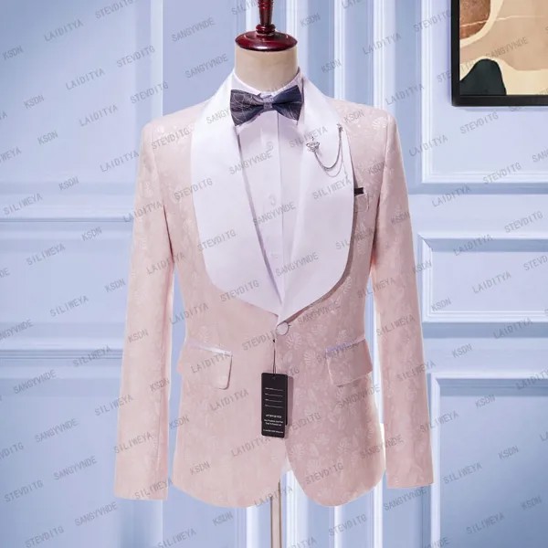 Новинка 2023, модные розовые жаккардовые смокинги для жениха на заказ, белые мужские костюмы с отложным воротником и шалью, Повседневная Деловая Свадебная куртка, блейзеры, пальто