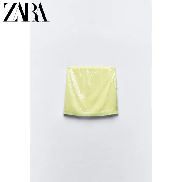 Мини-юбка Zara с завышенной посадкой и пайетками, лаймовый