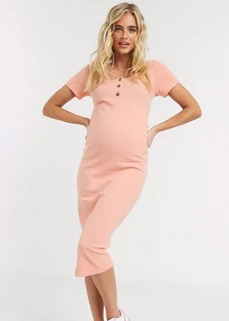 Персиковое платье-футболка в рубчик на пуговицах Missguided Maternity-Розовый