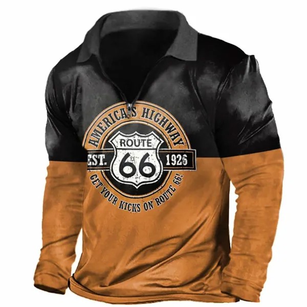 Мужская винтажная футболка-поло Route 66 Polo с длинным рукавом на молнии