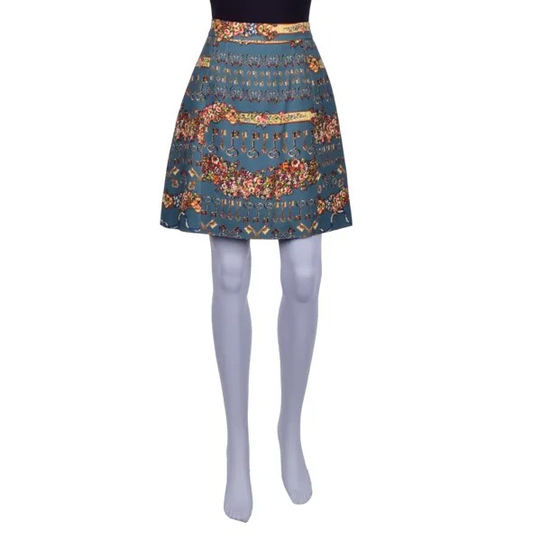 DOLCE - GABBANA Шерстяная шелковая юбка с цветочным принтом «ключи» Зеленое золото IT 42 S 07079