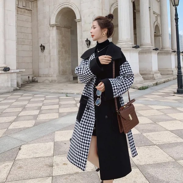 Женское шерстяное пальто с рисунком «гусиная лапка», зимнее корейское свободное утепленное высококачественное модное черное дамское плащ ...