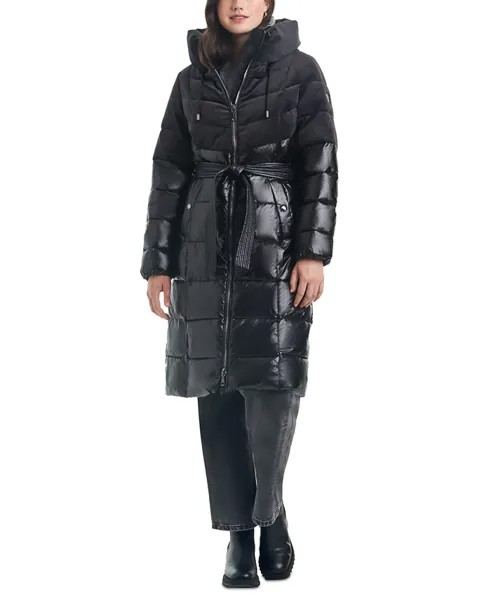 Женское бархатное пуховик с поясом и капюшоном Vince Camuto, черный