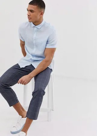 Голубая льняная рубашка с короткими рукавами Celio-Синий