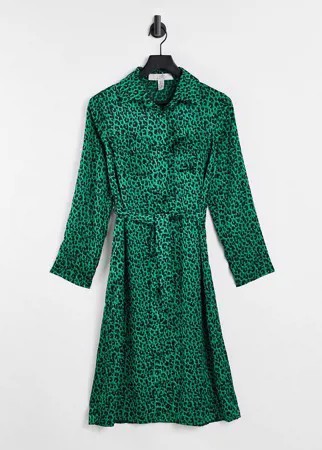 Зеленое платье-рубашка миди с поясом и леопардовым принтом Liquorish-Разноцветный