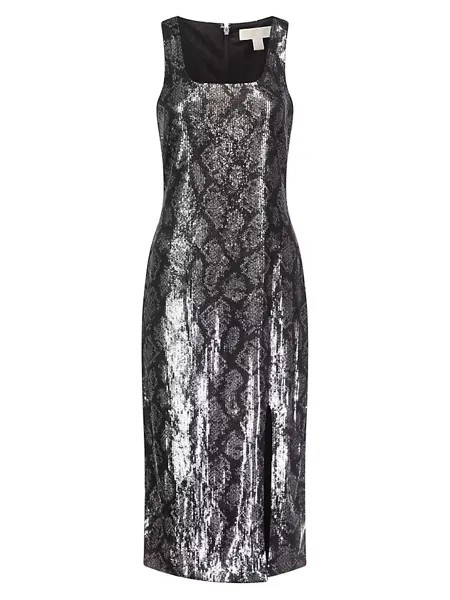 Платье миди из змеиной кожи с пайетками Michael Michael Kors, цвет black silver