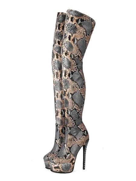 Milanoo Over The Knee Boots Python Round Toe Snake Print Winter Boots For Women