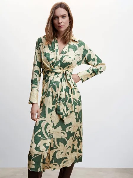 Платье-рубашка миди из жаккарда с цветочным принтом Mango Curve, зеленый