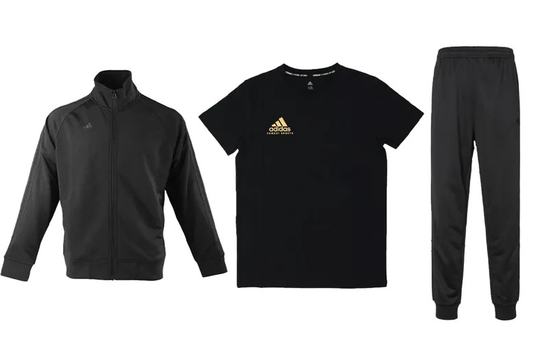 Adidas Мужская повседневная спортивная одежда, Костюм (черная куртка + черная золотая футболка + черные брюки)