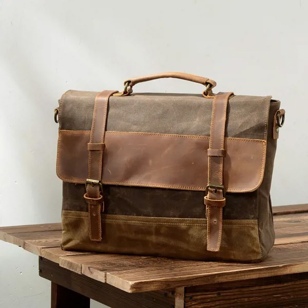 Новый стиль водонепроницаемый маслостойкий вощеный холст с воловьей кожей портфель Европейская и американская мужская сумка ретро портфе...