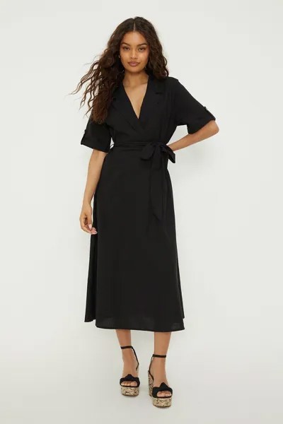 Миниатюрное черное платье-рубашка миди с запахом Dorothy Perkins, черный