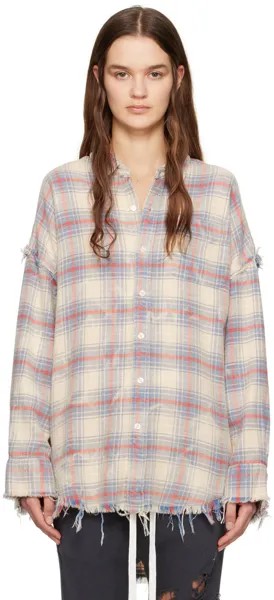 Бело-синяя растрепанная рубашка R13, цвет Ecru/Blue/Red plaid