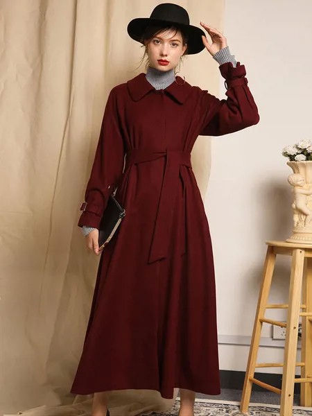 Milanoo Burgundy Winter Coat Long Sleeve Turndown Collar Women's Wool Coats