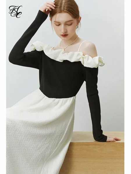 FSLE Design Sense Knitted Stitching One-shoulder Dress for Women Winter Niche Slim A-line Special Temperament Women Long Dress