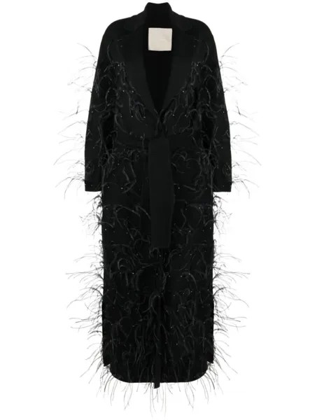 Elie Saab пальто с поясом и перьями, черный