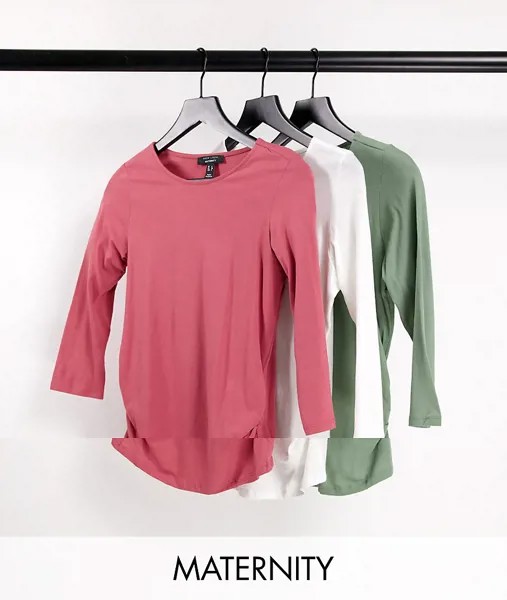 Комплект из 3 футболок с рукавами 3/4 черного, розового цвета и цвета хаки New Look Maternity-Светло-бежевый цвет