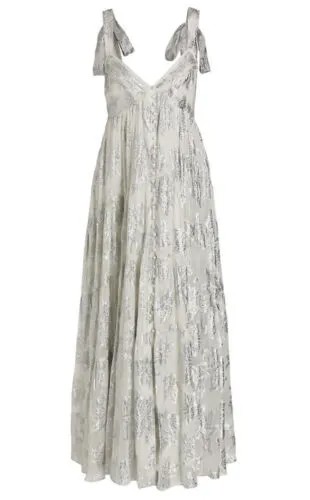 Рококо Sand Elia Жаккардовое многоярусное платье с завязками на плечах, серебристое платье макси цвета металлик XS