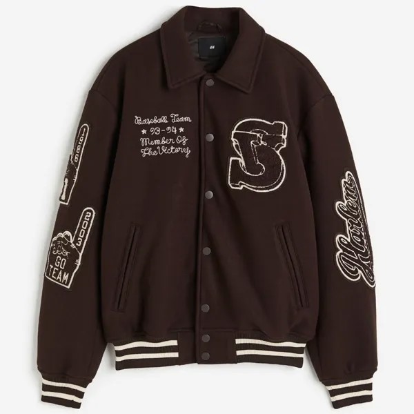 Куртка H&M Loose Fit Appliquéd Varsity, темно-коричневый