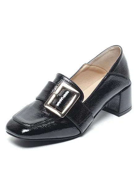 Milanoo Block Heel Loafers Black Leather Square Toe Buckle Slip On Shoes
