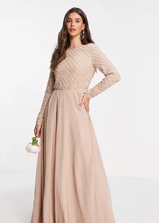 Платье макси для подружки невесты с отделкой жемчугом и бисером, длинными рукавами и юбкой из тюля ASOS DESIGN Tall-Розовый цвет