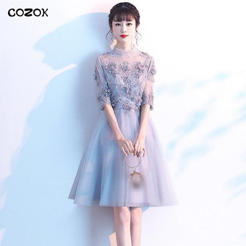 Сетчатое асимметричное женское платье-Ципао COZOK Dreamy Qipao с аппликацией китайское традиционное вечернее платье на молнии серые платья для вечеринки