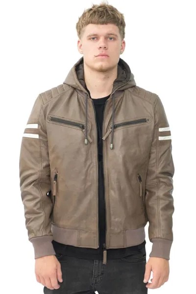 Кожаный бомбер в стиле ретро с капюшоном - Скопье Infinity Leather, коричневый