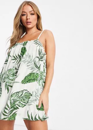 Пляжный присобранный сарафан с принтом пальмовых листьев ASOS DESIGN-Мульти